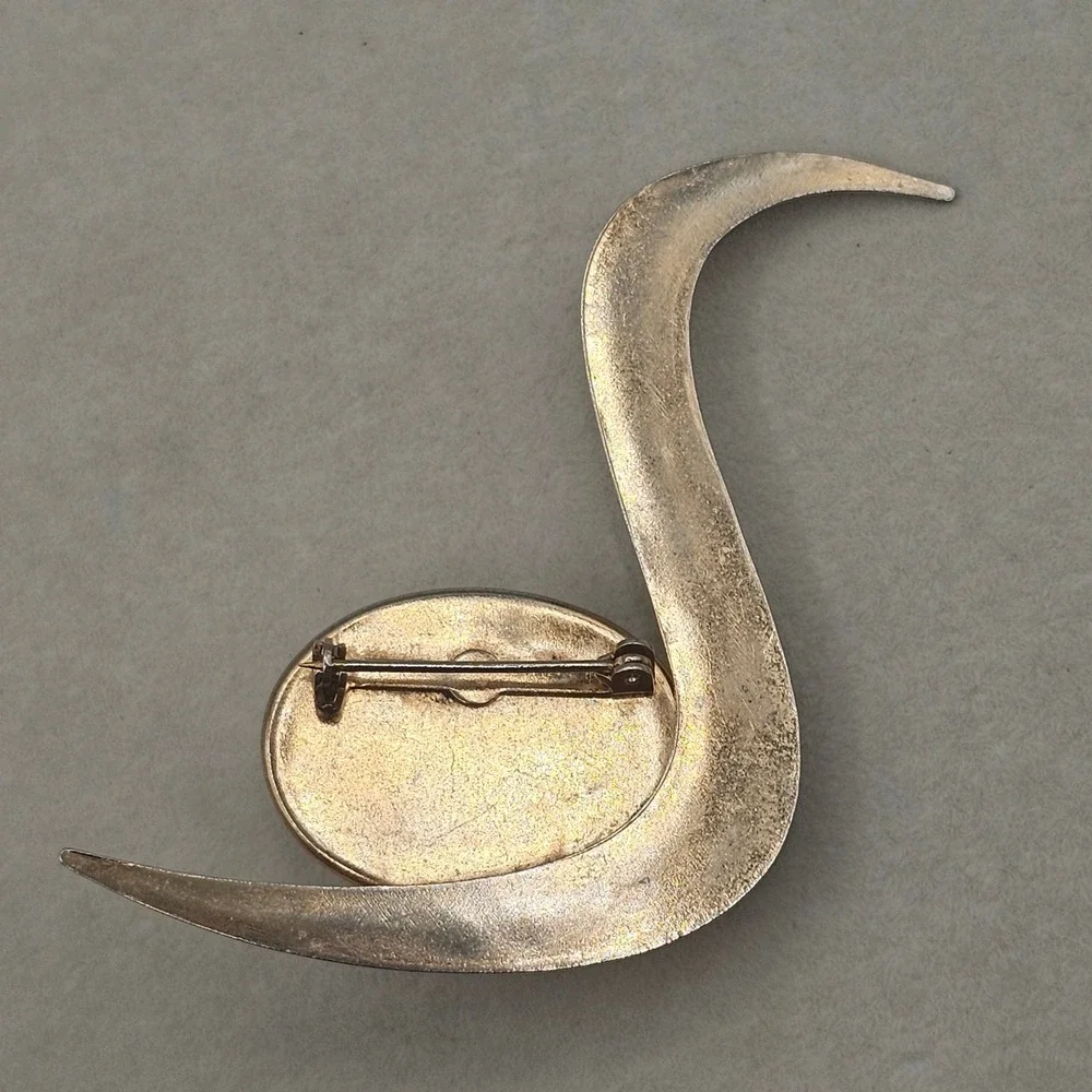 Abstract Bird Brooch Wood Cabochon Gold Tone Modernist Mid Century MCM Pin